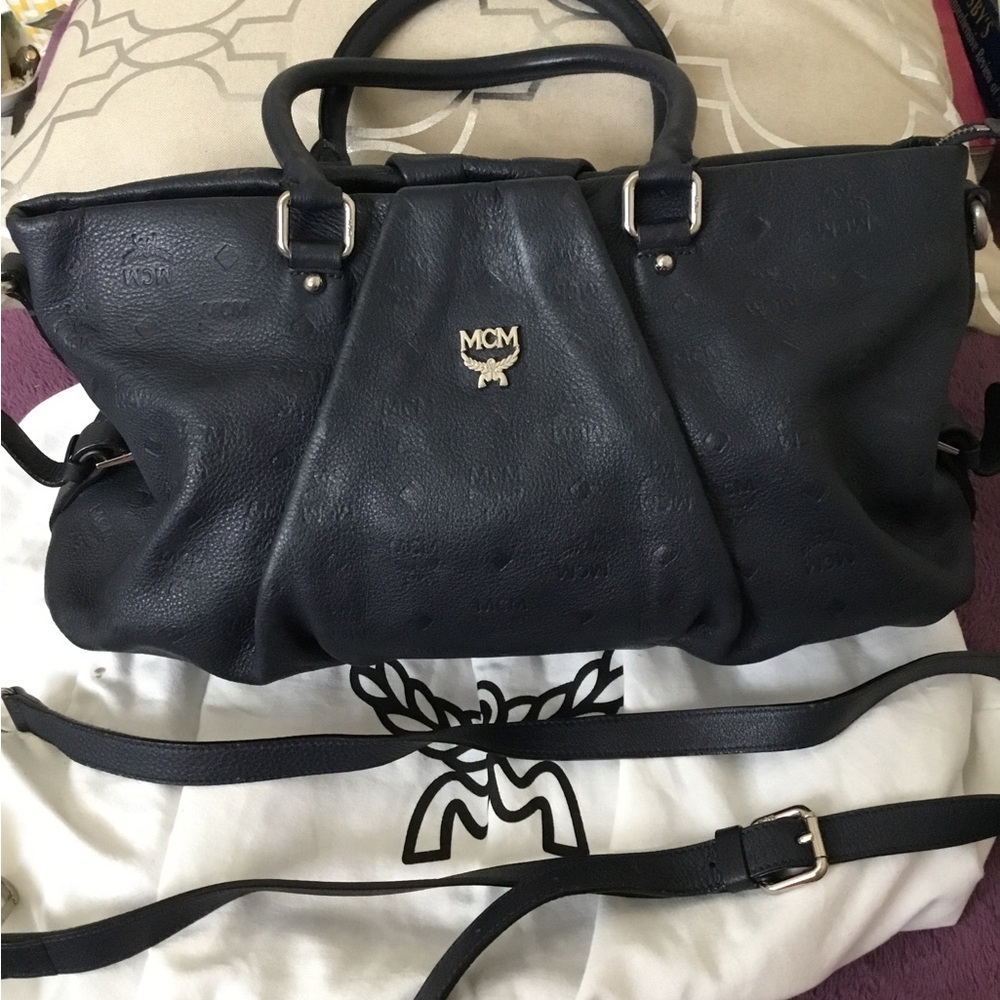 MCM Monogram Navy Blue Calfskin 2 Way Large Satchel